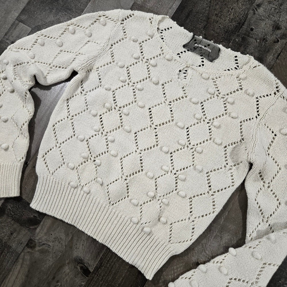 Reformation Marie Diamond Open Knit Sweater Ivory Pom Pom Crop Pullover Sz S
